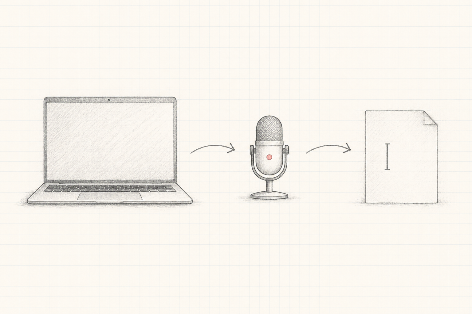 Illustration of a Mac, a microphone, and a page of text, connected by arrows.